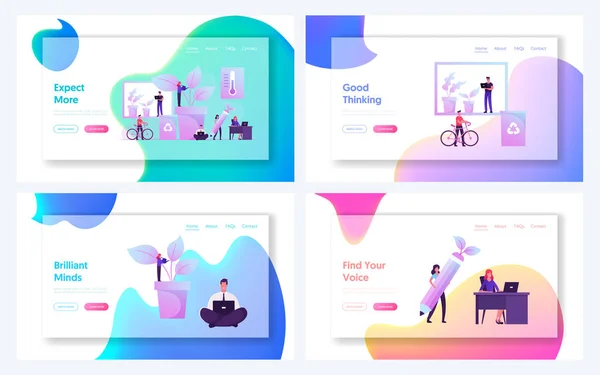 Бізнес-люди працюють в Green Office Room з біофілічним веб-сайтом дизайну Landing Page Set. Менеджери підтримують Екологічний захист і банер розділення сміття на веб-сторінці. Cartoon Flat Vector Illustration — стоковий вектор