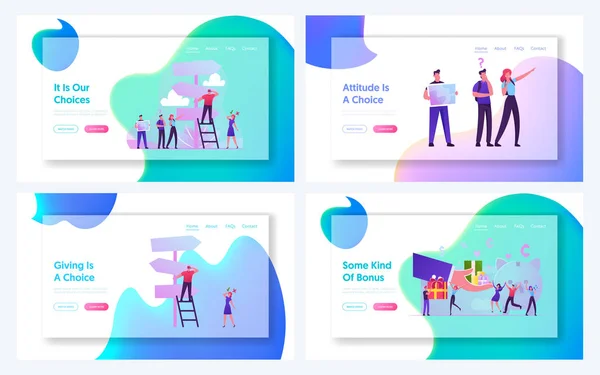 Bónusz hűségrendszer, Az emberek Válassza ki az utat a Crossroad Website Landing Page Set. Üzletemberek Life Challenge, Túrázás Szabadtéri aktivitás, Vásárlás Kedvezmény Honlap Banner Cartoon Flat Vector Illusztráció — Stock Vector