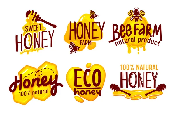 Natural e Eco Farm Honey Packaging Labels and Tags Set Isolado em fundo branco. Logotipo e modelos de design de embalagem com tipografia em estilo moderno, ilustração de vetor de desenhos animados de comida doce —  Vetores de Stock