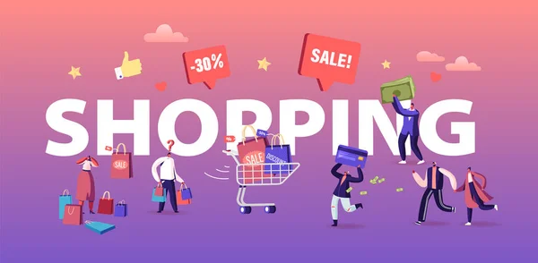 Gli acquirenti hanno Shopping Fun Concept. Vendita stagionale con buoni sconto. Allegro Shopaholic People con carrello pieno di acquisto e regali Banner Flyer Brochure. Illustrazione del vettore piatto del fumetto — Vettoriale Stock