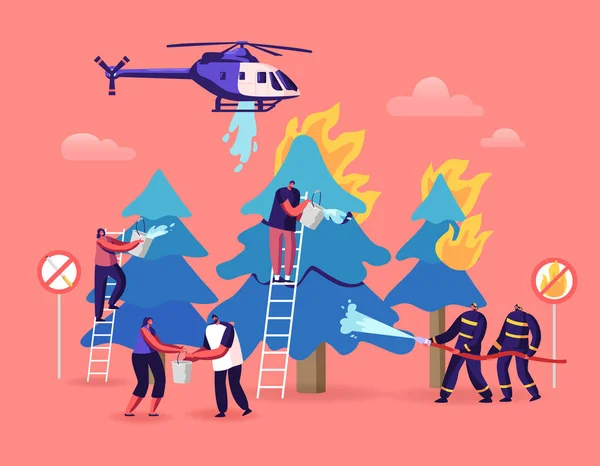 Brandmän och frivilliga karaktärer slåss med enorm eld i skogen med brinnande träd. Helikopter, män och kvinnor tar med vatten i hinkar häller brännande växter. Tecknad vektor Illustration — Stock vektor
