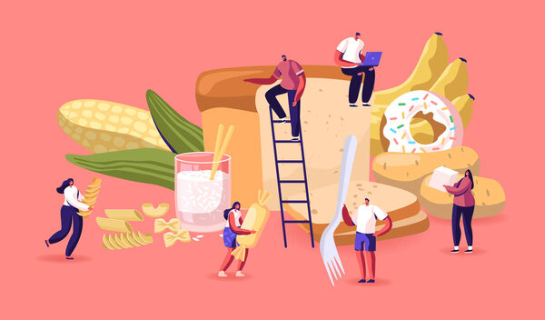 Carbohydrate Nutrition Concept. Tiny Characters Eating Sugar and Wheat Food. Healthy and Unhealthy Carbs Types, Meals with High Energy, Cholesterol and Glucose, Diet Cartoon Vector Illustration