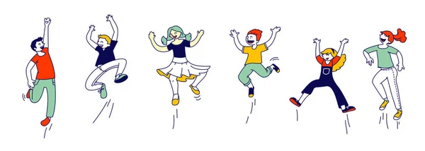 Happy Kids Stand in Row Dancing and Jumping Isolated on White Background. Little Children Rejoice on Summer Time Vacation or Party. Cute Funny Boys and Girls Cartoon Flat Vector Illustration, Line Art — 스톡 벡터
