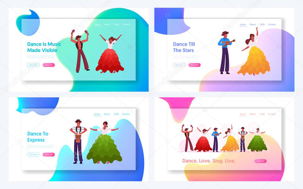 Brazilian Artists Performance Website Landing Page Set. Virtuoso Music Players and Traditional dancers Performing during Rio Carnival in Brazil Web Page Banner. Cartoon Flat Vector Illustration