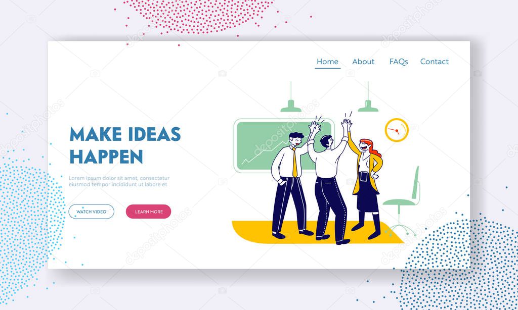 Successful Project Deal Website Landing Page. Business Colleagues Giving Highfive in Office. Victory Goal Achievement, Rejoice for Good Job Web Page Banner. Cartoon Flat Vector Illustration, Line Art