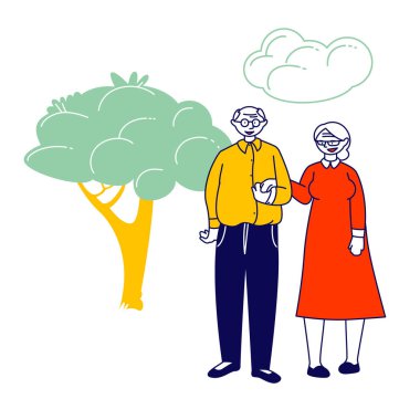 Yaşlı evli çiftin Doğa Manzarası Arkaplanı 'nda El ele tutuşması. Yaşlılar Aile Sevgisi, Boş Zaman. Yaşlı Adam ve Kadın İlişkileri Çizgi Film Düz Vektör İllüzyonu, Çizgi Sanat