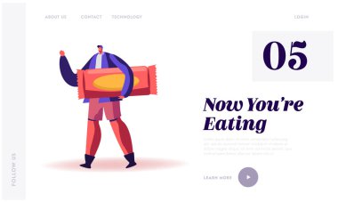 Yüksek Seviye Karbonhidrat, Şeker ve Glikoz Üretim Sitesi İniş Sayfası. Sweets Lover Tiny Male Karakteri Elinde Kocaman Şeker Tutuyor Sweets 'in Web Sayfası Afişi' nin tadını çıkarıyor. Çizgi film Düz Vektör İllüstrasyonu