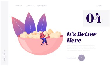 İnsanlar Çıtır Yemekler İnternet Sitesi İniş Sayfasını Seçiyor. Hipster Giyim 'de Erkek Karakter. Koca bir kâse dolusu patlamış mısırın üzerinde oturup tatlı atıştırmalıkların tadını çıkarıyor. Web sayfası afişi yiyor. Çizgi film Düz Vektör İllüstrasyonu