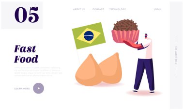 Latin Amerika 'nın Geleneksel Yemekleri Web Sitesi İniş Sayfası. Brezilya Ulusal Bayrağı ve Coxinhas Web Sayfası Afişi ile Brezilya Mantar Şekeri Brigadeiro 'yu elinde tutan adam. Çizgi film Düz Vektör İllüstrasyonu