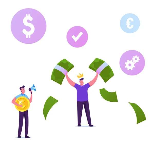 Happy Male Character Wearing Golden Crown on Head Demonstrate Money, Holding Huge Dollar Bills in Hands. Man with Megaphone Hold Coin. Mlm Pyramid Business Strategy Cartoon Flat Vector Illustration — 스톡 벡터