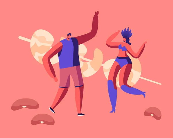 Веселий чоловік і жінка Танцівниця самби Радоспівають і танцюють поруч з Huge Fried Prawns на Stick. Fiesta, Brazil Food Concept Люди, які отримують задоволення від традиційної їжі в Бразилії Картон Флет Вектор Ілюстрація — стоковий вектор