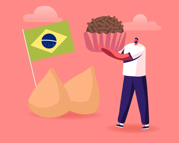 Personagem Masculino Segurando Enorme Trufa Brasileira Candy Brigadeiro com Bandeira Nacional do Brasil e Frango Coxinhas Fique ao lado. Comida Tradicional da América Latina Conceito Desenhos Animados Ilustração vetorial plana — Vetor de Stock