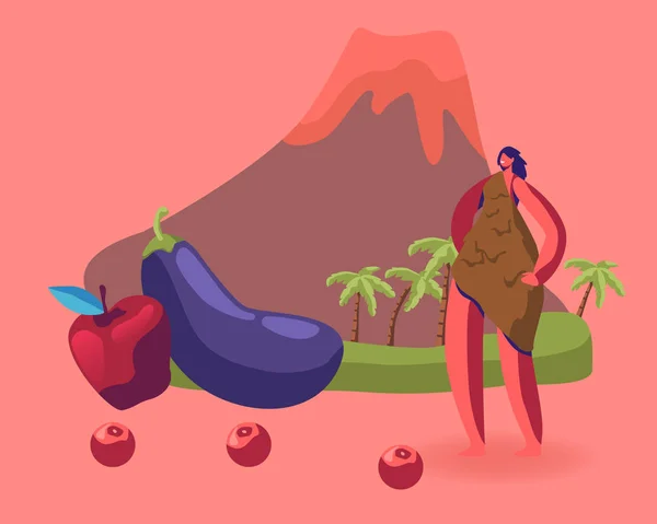 Höhlenfrau in Tierhaut stehen neben Obst und Gemüse auf Vulkanhintergrund. Paläo-Diät-Konzept. Ernährungsplan basiert auf Nahrungsmitteln, die den Menschen aus der Altsteinzeit ähneln — Stockvektor