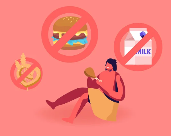 Cave Human Child Wearing Animal Skin Sitting on Ground Eating Meat with Signs Prohibit Bakery, Dairy Production and Fast Food. Paleo Diet, Nutrition of Ancient People Cartoon Flat Vector Illustration — 스톡 벡터