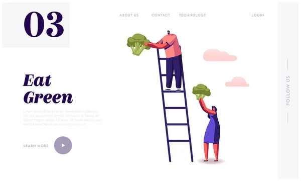 Healthy Nutrition, Vitamins and Ketogenic Diet Website Landing Page. Man Stand on Ladder, Woman Holding Huge Broccoli Piece, Low Carbs Eating Cooking Web Page Banner. Cartoon Flat Vector Illustration — Stock Vector