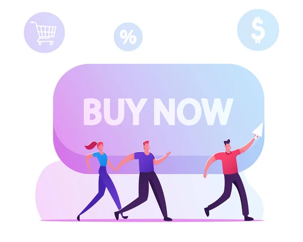 Happy Couple following Man met Cursor Arrow in Hand Passeren door Enorme knop met Koop nu Inscriptie en Shopping Iconen vliegen rond. Black Friday, Totaal Sale Concept Cartoon Flat Vector Illustratie — Stockvector