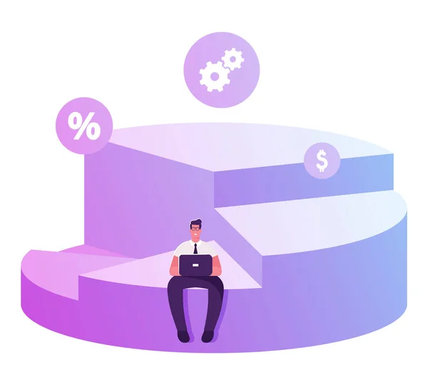 Affärsman Aktieägare Sitter på toppen av sin portion av Pie Chart Arbetar på laptop. Diagram Bilder Vinstdelning, Framgångsrikt partnerskap, Bolagets aktier Ägarskap tecknad platt vektor Illustration — Stock vektor