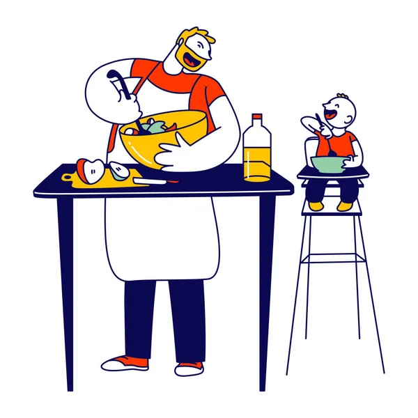 Happy Family Routine Concept. Ensamstående far matlagning middag på kök, liten son sitter i barnstol äta. Helg Spartid, Fritid och uppgifter Tecknad platt vektor Illustration, Linje konst — Stock vektor
