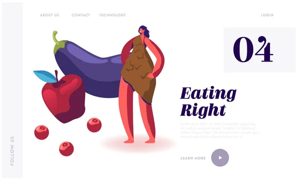 Paleo Diet Concept Website Cave Woman in Animal Skin Stand near Apple and Eggplants Dietary Plan of People's Eat Food at Paleolithic Era Web Page Banner Cartoon Flat Vector Illustration — стоковий вектор
