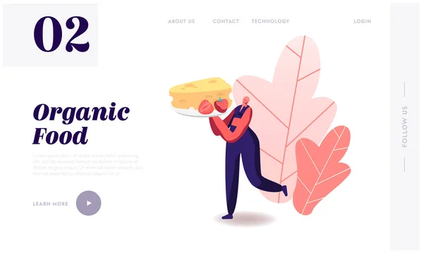 Pagina iniziale del sito web di Keto Diet. Vassoio donna con formaggio e fragola. Banner per pagina web a basso contenuto di carboidrati e alto livello di grassi sani chetogeni, digiuno e guarigione. Illustrazione del vettore piatto del fumetto — Vettoriale Stock