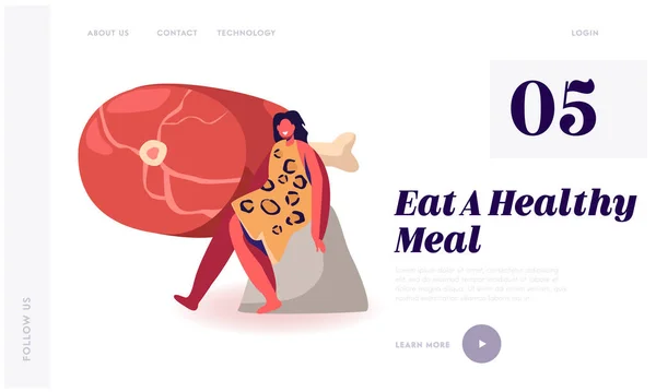 Paleo Diet Nutrition, Healthy Eating of Ancient People Website Landing Page (en inglés). Mujer de la cueva con piel de animal sentarse en la roca con carne enorme acostado al lado de la página web Banner. Dibujos animados plana Vector Ilustración — Archivo Imágenes Vectoriales