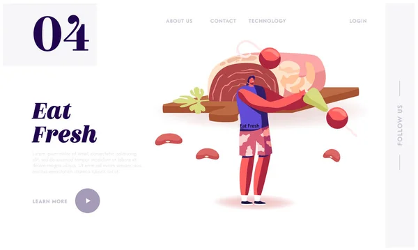 Tradycyjna brazylijska kuchnia strona internetowa Landing Page. Man Holding Stick z krewetkami i pomidorami, ogromny kawałek surowego mięsa na tle. Baner ze smacznym jedzeniem. Ilustracja wektora płaskiego kreskówki — Wektor stockowy