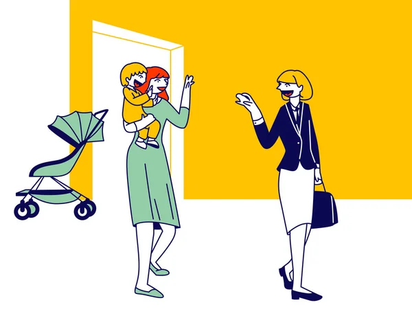 Jeune femme mère agitant la main disant au revoir à la baby-sitter tenant son bébé sur les mains. Service de maternelle privé pour les parents occupés Concept. Pépinière dans le centre commercial Dessin animé Vecteur plat Illustration Ligne Art — Image vectorielle