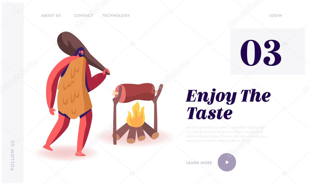 Paleo Diet of People Lived in Past Website Landing Page. Cave Man Wearing Animal Skin Holding Cudgel on Shoulder Stand at Burning Fire with Frying Meat Web Page Banner Cartoon Flat Vector Illustration