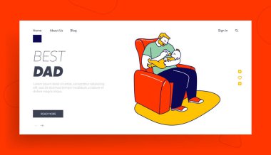 Bekar Baba Çocuk Yetiştirme Sitesi İniş Sayfası. Baba, Oğlu Ellerinde Şişeyle Besliyor. Küçük Çocuğun Mutlu Ailesi ve Baba Web Sayfası Afişi. Çizgi film Düz Vektör İllüstrasyonu, Satır Sanatı