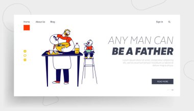 Mutlu Aile Rutinleri ve Sparetime Web Sitesi İniş Sayfası. Bekar Baba Mutfakta Yemek Pişiriyor, Küçük Oğul Yüksek Sandalyede Oturuyor Web Sayfası Afişi Yiyor. Çizgi film Düz Vektör İllüstrasyonu, Satır Sanatı