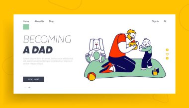 Bekar Baba, Son Sitesi İniş Sayfası için Hediyeyi Hazırladı. Genç Adam, Küçük Oğlan 'a Büyük Paketli Hediye Kutusu Veriyor. Doğum günü kutlaması web sayfası afişi. Çizgi film Düz Vektör İllüstrasyonu, Satır Sanatı