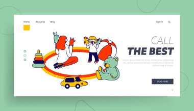 Bakıcı Hizmetleri, Ev Sitesi İniş Sayfası 'ndaki Özel Anaokulu. Genç Kadın Yerde Oturuyor Küçük Yürüyen Web Sayfası Afişi ile Kukla Şov Oynuyor. Çizgi film Düz Vektör İllüstrasyonu, Satır Sanatı