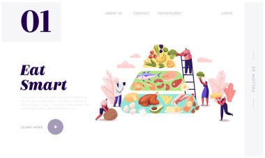 Ketogenic Diet Web Sitesi İniş Sayfası. Karakterler İyi Yağ Kaynakları Piramidi, Düşük Karbonhidratlı Sebze Sebze, Balık, Et, Peynir ve Fındık İnternet Sayfası Afişi Kurdular. Çizgi film Düz Vektör İllüstrasyonu