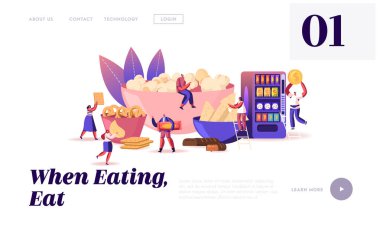 İnsanlar Aperatif Yiyen İnternet Sitesi İniş Sayfası. Karakterler Kuru Aperatiflerin Tadını Çıkartıyor Pop Corn, Pretzel Bisküvileri Şekerlemeler ve Donutlar, Otomat Web Sayfası Afişi. Çizgi film Düz Vektör İllüstrasyonu