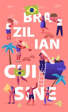 Brezilya Mutfak Konsepti. Karakterler Brezilya 'da Biftek ve Domuz etli Feijoada Bulaşık Güveci, Mantar Şekeri Brigadeiro Poster Broşürü. Çizgi film Düz Vektör İllüstrasyonu