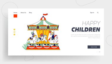 Çocuklar için Hafta Sonu İniş Sayfası. Lunaparkta atlı karıncaya binen mutlu çocuklar eğlence parkında. Tatil web sayfası afişi. Çizgi film Düz Vektör İllüstrasyonu, Satır Sanatı