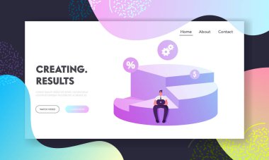 Şirket Paylaşımları Web Sitesi İniş Sayfası. Pie Chart Diagram 'da Oturan İşadamı Kâr Paylaşımı, Başarılı Ortaklık Web Sayfası Afişi Tasarısı. Çizgi film Düz Vektör İllüstrasyonu