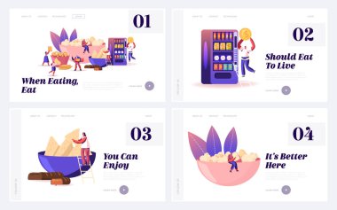 Atıştırmalıklar ve Otomat Üretim Sitesi İniş Sayfası Set. Fast Karbonhidrat Enerjisi ve Yağ İçen İnsanlar, Karbonhidrat Web Sayfası Afişi ile Tatlı Ürünler İçeriyor. Çizgi film Düz Vektör İllüstrasyonu