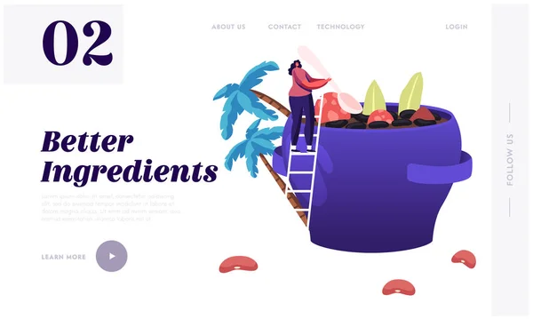 Офіційний сайт Бразилії Landing Page Tiny Woman Stand on Ladder Cooking Traditional Delicious Feijoada Meal Made of Stew of Beans with Beef and Pork Web Page Banner Cartoon Flat Vector Illustration — стоковий вектор