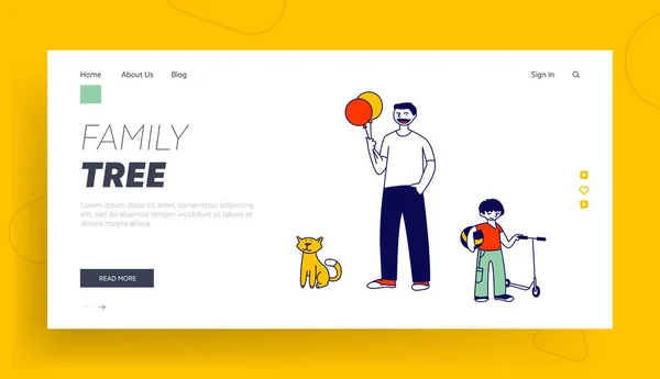 Father Day Holiday, Summertime Vacation Website Landing Page. Happy Family Little Cheerful Boy Walking with Dad Having Fun Outdoors. Weekend Web Page Banner. Cartoon Flat Vector Illustration, Line Art
