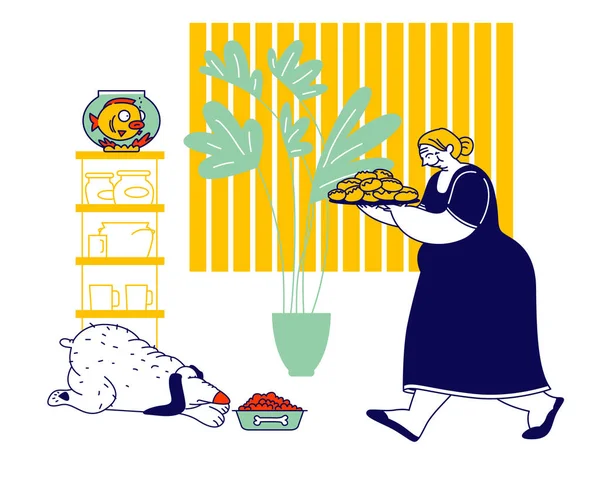 Senior Woman Carry Tray with Pile of Fresh Pies. Grandmother Hospitality and Fat Food Concept. Fatty Dog Eating on Floor. Granny Baked Patties for Family Cartoon Flat Vector Illustration, Line Art — 스톡 벡터