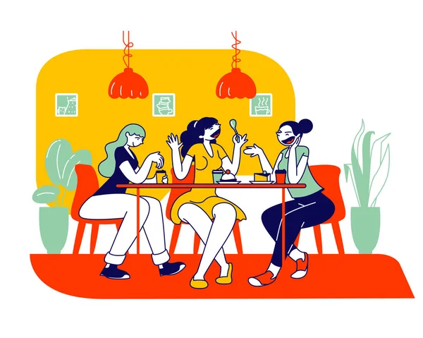 快乐女孩朋友公司与糕点和面包店一起坐在咖啡馆聊天和喝咖啡。 学生或办公室职员午膳时间、周末康体漫画、平面画图、线条艺术 — 图库矢量图片