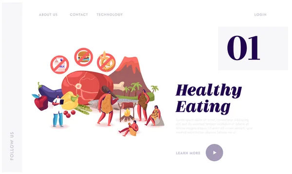 Paleo Diet Healthy Eating Website Landing Page. Cave People and Doctor Nutritionist Walk near Products Fats Oils Seafood Meat Water Vegetables Fruits. Web Page Banner. Cartoon Flat Vector Illustration — 스톡 벡터