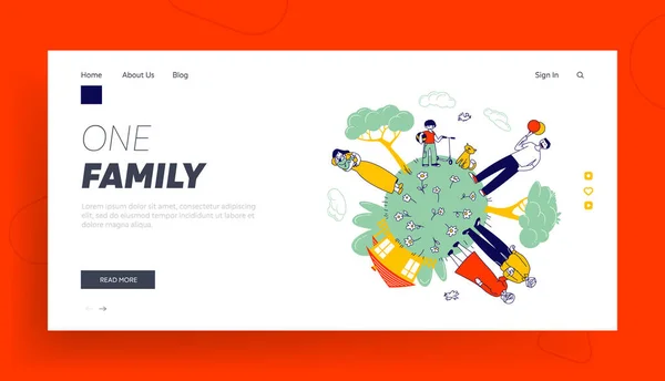 Big Happy Family Website Landing Page. Grandparents, Parents and Children at Green Earth Globe with House and Trees. Father, Mother and Baby Web Page Banner. Cartoon Flat Vector Illustration, Line Art — 스톡 벡터