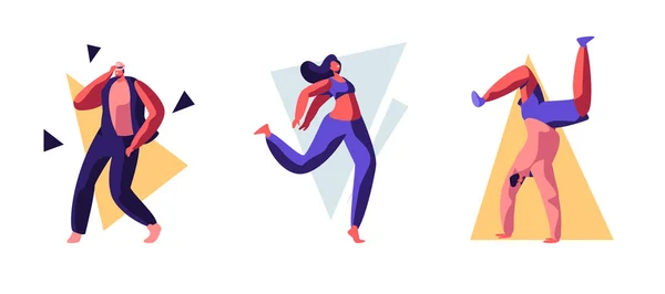 Conjunto de Jovens Dançando no Disco Party. Homens e Mulheres em Roupas Fashioned Celebrando Férias, Passando o Tempo Movendo-se para o Ritmo Musical, Lazer Feliz e Sparetime Cartoon Flat Vector Ilustração —  Vetores de Stock