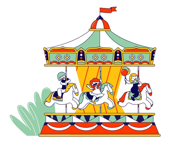 Happy Children Riding Merry-go-round Carousel στο Ψυχαγωγικό Πάρκο Διασκέδασης. Σαββατοκύριακο Αναψυχή για παιδιά, ελεύθερος χρόνος για διακοπές ή διακοπές, Leisure Cartoon Flat Vector Illustration, Line Art — Διανυσματικό Αρχείο