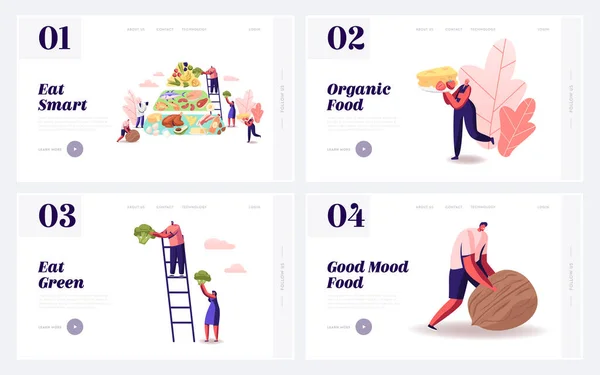 Balanced Keto Diet Eating Website Landing Page Set. Ketogenic Diet Pyramid Diagram, People Eat Products with Low Carbs and High Healthy Fat Content Web Page Banner. Cartoon Flat Vector Illustration — 스톡 벡터