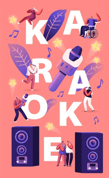 Boldog Barátok Szórakozás Éneklés Karaoke Bar Concept. Apró emberek közelében hatalmas dinamika és mikrofon birtoklás party esemény ünneplés poszter banner szórólap. Rajzfilm lapos vektor illusztráció — Stock Vector