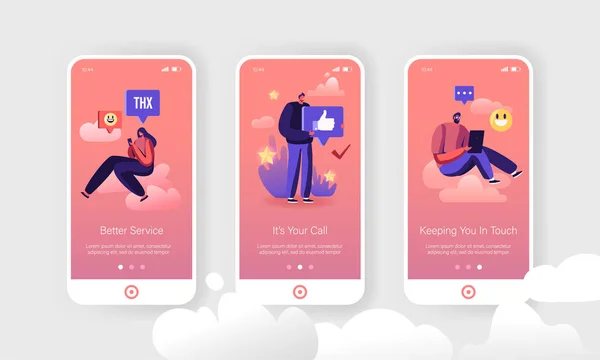 People Thanking Clients Support Service för bra arbete Mobile App Page Onboard Screen Set. Kunder som ger bra feedback i Internet-konceptet för webbplats eller webbsida, tecknad platt vektor Illustration — Stock vektor