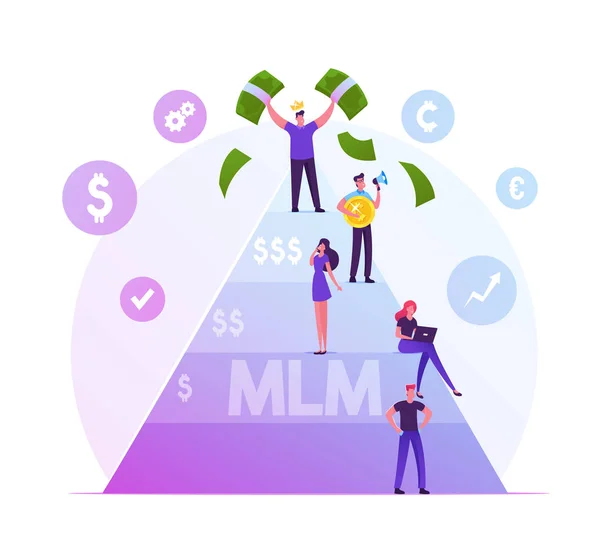 MLM. Multi Level Marketing Business Concept with People Stand on Different Levels of Finance Pyramid, Happy Man on Top Holding Money Bills. Enrichment Fraud Scheme Cartoon Flat Vector Illustration — 스톡 벡터